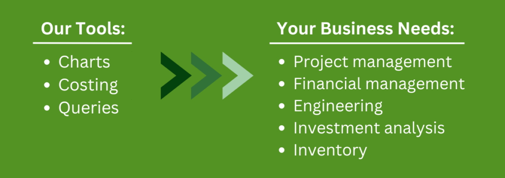 Our Tools: charts, costing, queries | Your business needs: Project management, Financial management, Engineering, Investment analysis, Inventory